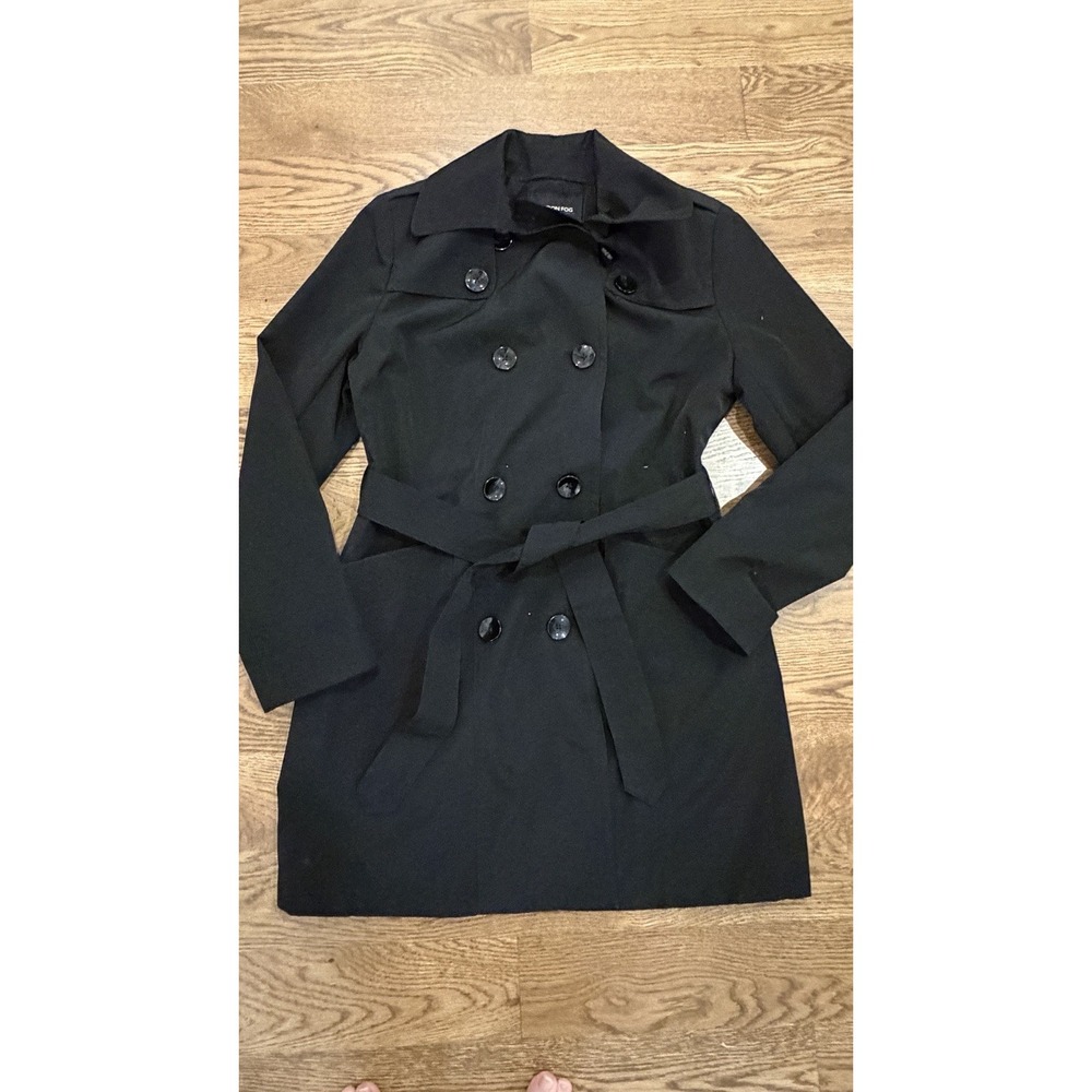 London Fog Black Belted Trench Coat Womens Medium Vintage Double Breasted Twill
